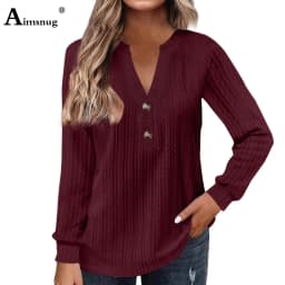 2024 New Autumn Elegant Fashion V-neck Top Women Casual Buttons Up Shirt Female Wave Cut T-shirt Womens Clothing Plus Size S-5XL