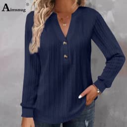 2024 New Autumn Elegant Fashion V-neck Top Women Casual Buttons Up Shirt Female Wave Cut T-shirt Womens Clothing Plus Size S-5XL