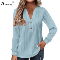 2024 New Autumn Elegant Fashion V-neck Top Women Casual Buttons Up Shirt Female Wave Cut T-shirt Womens Clothing Plus Size S-5XL