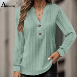 2024 New Autumn Elegant Fashion V-neck Top Women Casual Buttons Up Shirt Female Wave Cut T-shirt Womens Clothing Plus Size S-5XL