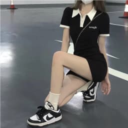 Contrast Color Dresses For Women 2022 Summer Polo One Pieces Korea College Short Sleeve Mini Skirt Slim Black Sheath Tight Dress