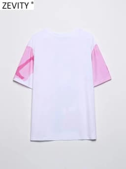 Zevity Women Fashion Contrast Color Beauty Print Casual T Shirt Female Basic O Neck Short Sleeve Chic Streetwear Tops T1875