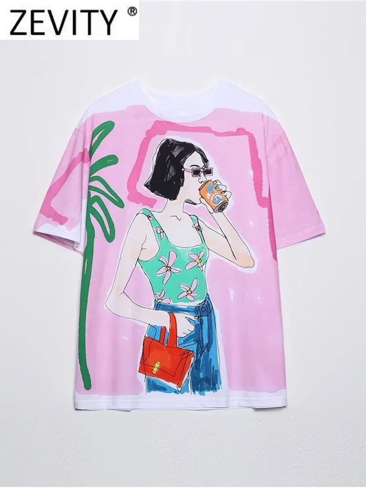 Zevity Women Fashion Contrast Color Beauty Print Casual T Shirt Female Basic O Neck Short Sleeve Chic Streetwear Tops T1875