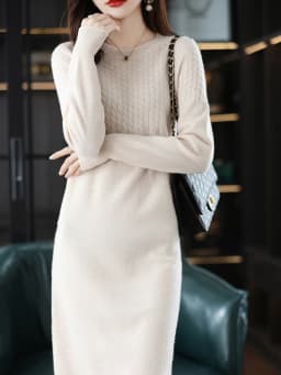 Round Neck Cashmere Dress Women's Long Pullover Sweater Autumn And Winter New Knitted Knee-Length Pure Wool Dress