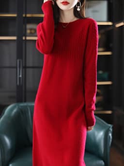 Round Neck Cashmere Dress Women's Long Pullover Sweater Autumn And Winter New Knitted Knee-Length Pure Wool Dress