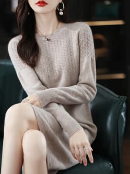 Round Neck Cashmere Dress Women's Long Pullover Sweater Autumn And Winter New Knitted Knee-Length Pure Wool Dress