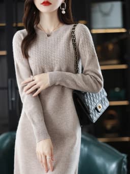 Round Neck Cashmere Dress Women's Long Pullover Sweater Autumn And Winter New Knitted Knee-Length Pure Wool Dress