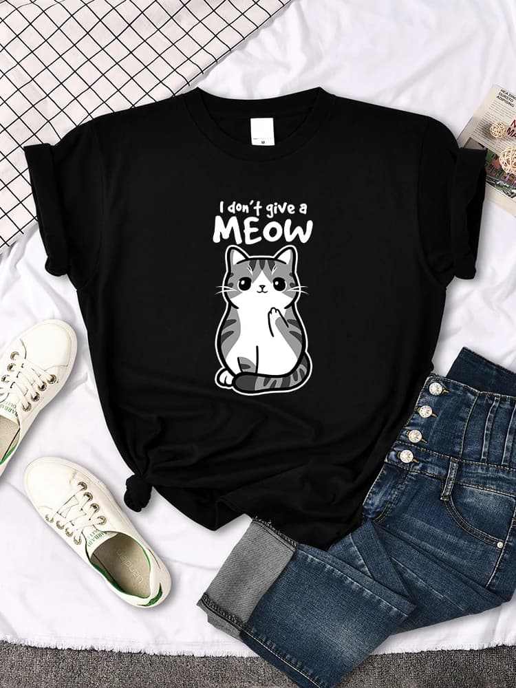 I don't Give A Meow Funny Cat Cartoon Animal Print T-shirts Ladys Oversize Comfortable Kawaii Top Womens Soft Skin-friendly Tees