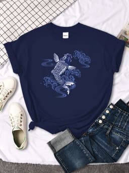 Tshirt For Woman Paper Cut Koi Good Luck Printing Womens T Shirt Kawaii Fashion Women Top Roud Neck Breathable Tshirts For Women