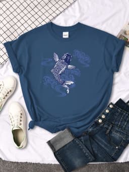 Tshirt For Woman Paper Cut Koi Good Luck Printing Womens T Shirt Kawaii Fashion Women Top Roud Neck Breathable Tshirts For Women