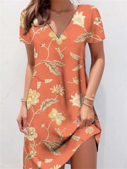 Retro V-Neck Floral Printed Dresses Women Vintage Short Sleeve Summer A-Line Elegant Party Dress Ladies Casual Loose Boho Dress