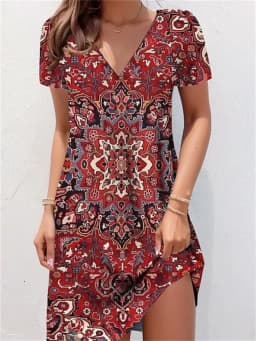 Retro V-Neck Floral Printed Dresses Women Vintage Short Sleeve Summer A-Line Elegant Party Dress Ladies Casual Loose Boho Dress