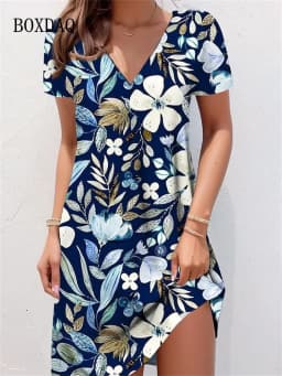 Retro V-Neck Floral Printed Dresses Women Vintage Short Sleeve Summer A-Line Elegant Party Dress Ladies Casual Loose Boho Dress