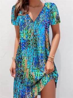 Retro V-Neck Floral Printed Dresses Women Vintage Short Sleeve Summer A-Line Elegant Party Dress Ladies Casual Loose Boho Dress