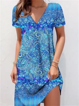 Retro V-Neck Floral Printed Dresses Women Vintage Short Sleeve Summer A-Line Elegant Party Dress Ladies Casual Loose Boho Dress
