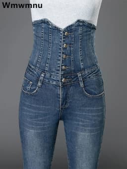 Sexy Super High Waist Skinny Pencil Jeans Women Streetwear Button Fly Denim Pants Korean Stretch Vaqueros Big Size 36 Pantalones