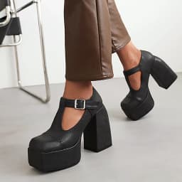 Printed Retro Color High Heel Thick Heel Platform Women's Shoes Square Toe High Heel Breathable Round Hole Metal Buckle Pumps