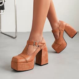 Printed Retro Color High Heel Thick Heel Platform Women's Shoes Square Toe High Heel Breathable Round Hole Metal Buckle Pumps