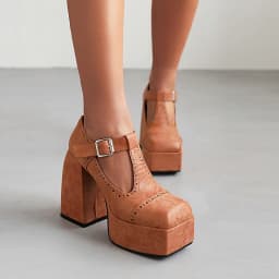Printed Retro Color High Heel Thick Heel Platform Women's Shoes Square Toe High Heel Breathable Round Hole Metal Buckle Pumps
