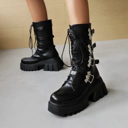Oversized Punk Style Metal Bat Buckle Embellished Women's Mid-Tube Boots High Waterproof Platform Cross-Lace Motorcycle Boots
