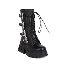 Oversized Punk Style Metal Bat Buckle Embellished Women's Mid-Tube Boots High Waterproof Platform Cross-Lace Motorcycle Boots