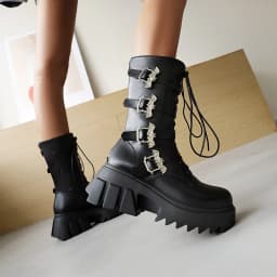 Oversized Punk Style Metal Bat Buckle Embellished Women's Mid-Tube Boots High Waterproof Platform Cross-Lace Motorcycle Boots