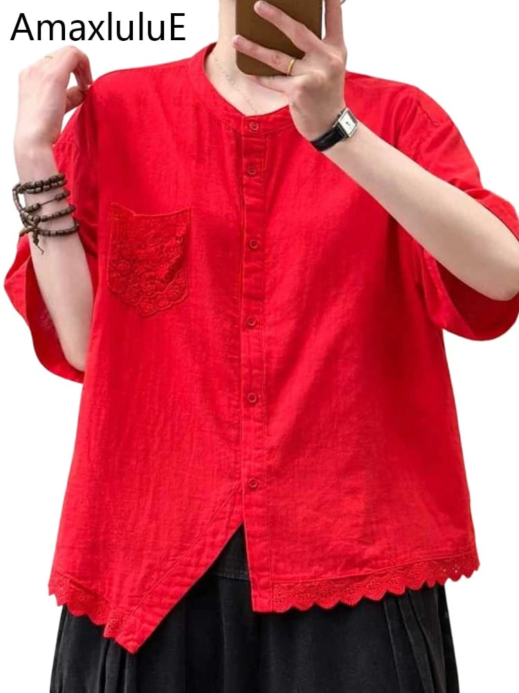 Amax LuluE 2026 Korean Summer Womens Fashion Loose Lace Shirts Casual Cotton Tops Ladies Classic Elegant Vintage Solid Blouses