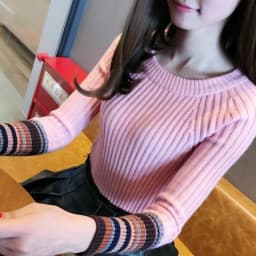 Lucyever Fashion Striped Long Sleeve Knitted Sweater Women Ribbed Elastic O-neck Pullover Sweaters Autumn Winter Slim Knit Tops