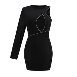 Women's New Black Round Neck One Shoulder Sleeves Decorated Diamond Chain Sexy Dress Women's Tight Party Evening Elegant Dress