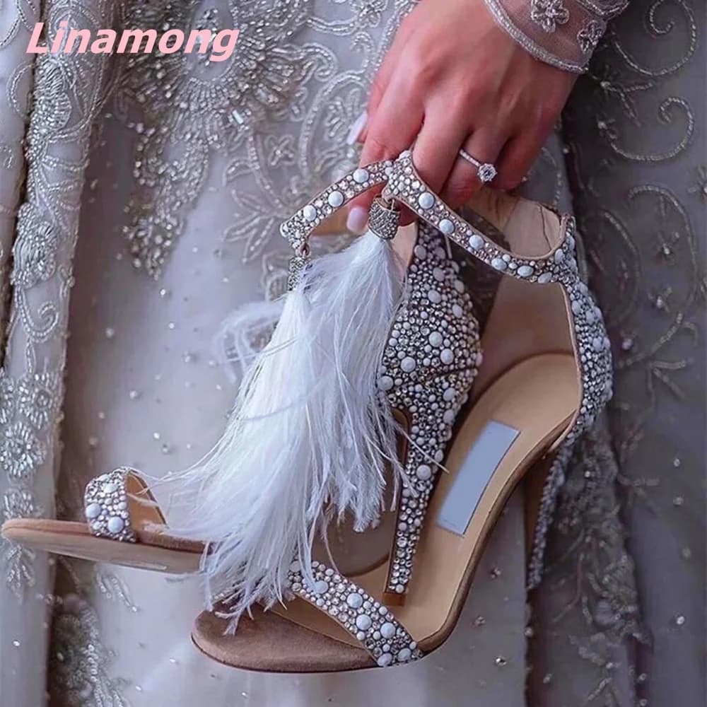 2024 Summer Pearl Women Sandals Cover Thin High Heel Sexy Genuine Leather Sweet Zipper Open Toe Comfortable Party Wedding Shoes