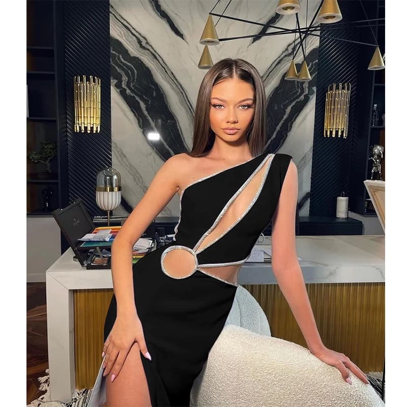 2022 New Summer Women One Shoulder Bandage Dress Sexy Sleeveless Hollow Out Diamonds Club Celebrity Bodycon Party Mini Dresses