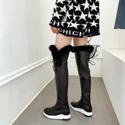 Solid Geometric Pattern Rabbit Hair Winter Long Boots Thick Soled Flat Heel Warm Plush Inner Snow Boots Lace Over The Knee Boots