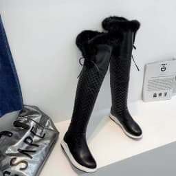 Solid Geometric Pattern Rabbit Hair Winter Long Boots Thick Soled Flat Heel Warm Plush Inner Snow Boots Lace Over The Knee Boots