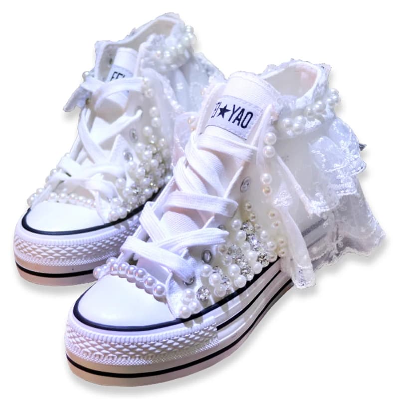 Lace Handmade Vulcanized Shoes Women High Heel Canvas Shoes New Arrival Lady White Pearl Diamond Wedding Shoes Bride