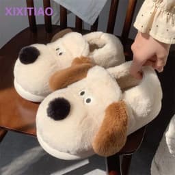 Size36-45 Hug Dog Slippers Girls Fluffy Warm Slide Slipper Female Cuddle Animal Flat Shoes 2022 Ins Hot Thick Furry Slippers