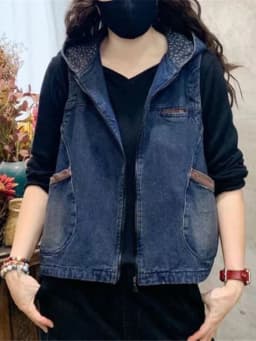 Vintage Women's Hooded Denim Tank Top Denim Waistcoat Short Jacket Loose Plus Size Large Pocket Color-block Wash Cropped Vest