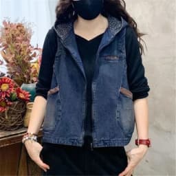 Vintage Women's Hooded Denim Tank Top Denim Waistcoat Short Jacket Loose Plus Size Large Pocket Color-block Wash Cropped Vest