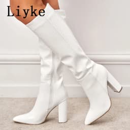 Liyke Fashion White Women Knee High Boots Sexy Snake Print Leather Pointed Toe Square Heels Ladies Long Booties Zip Female Shoes