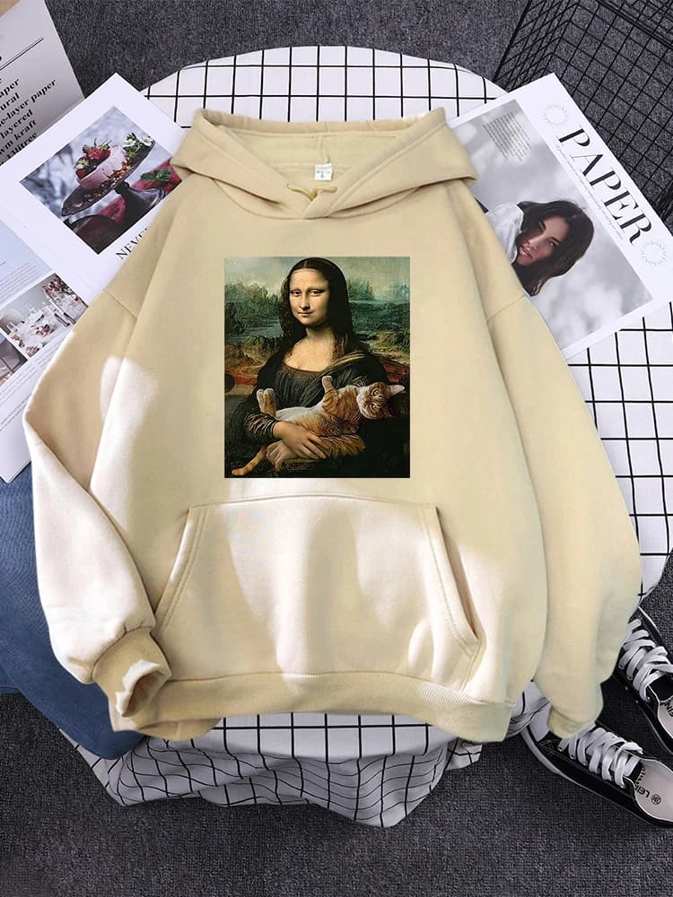 Hoodie Mona Lisa And Cat Hoodies For Women Harajuku Aesthetic Fall Womens Clothing Oversized Oversized Sweatshirt Female
