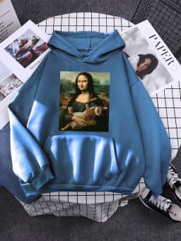 Hoodie Mona Lisa And Cat Hoodies For Women Harajuku Aesthetic Fall Womens Clothing Oversized Oversized Sweatshirt Female