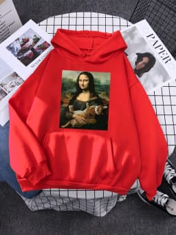 Hoodie Mona Lisa And Cat Hoodies For Women Harajuku Aesthetic Fall Womens Clothing Oversized Oversized Sweatshirt Female