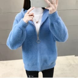 UHYTGF Imitation Mink Autumn Winter Sweaters Jacket Women Fashion Hooded Knitted Cardigan Female Loose Short Big Size Coat 1192
