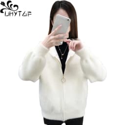 UHYTGF Imitation Mink Autumn Winter Sweaters Jacket Women Fashion Hooded Knitted Cardigan Female Loose Short Big Size Coat 1192