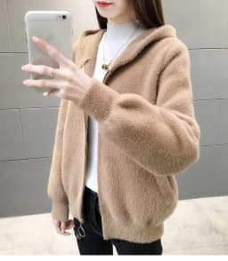 UHYTGF Imitation Mink Autumn Winter Sweaters Jacket Women Fashion Hooded Knitted Cardigan Female Loose Short Big Size Coat 1192