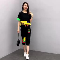 Amax luluE Summer Fashion Womens Contrast Color Leisure 2 Pieces Sets Girls Short Sleeve Tops And Drawstring Loose Harem Pants