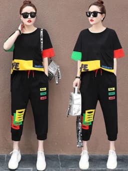 Amax luluE Summer Fashion Womens Contrast Color Leisure 2 Pieces Sets Girls Short Sleeve Tops And Drawstring Loose Harem Pants