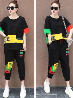 Amax luluE Summer Fashion Womens Contrast Color Leisure 2 Pieces Sets Girls Short Sleeve Tops And Drawstring Loose Harem Pants