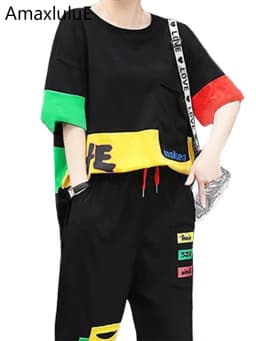 Amax luluE Summer Fashion Womens Contrast Color Leisure 2 Pieces Sets Girls Short Sleeve Tops And Drawstring Loose Harem Pants