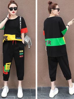 Amax luluE Summer Fashion Womens Contrast Color Leisure 2 Pieces Sets Girls Short Sleeve Tops And Drawstring Loose Harem Pants