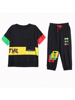 Amax luluE Summer Fashion Womens Contrast Color Leisure 2 Pieces Sets Girls Short Sleeve Tops And Drawstring Loose Harem Pants